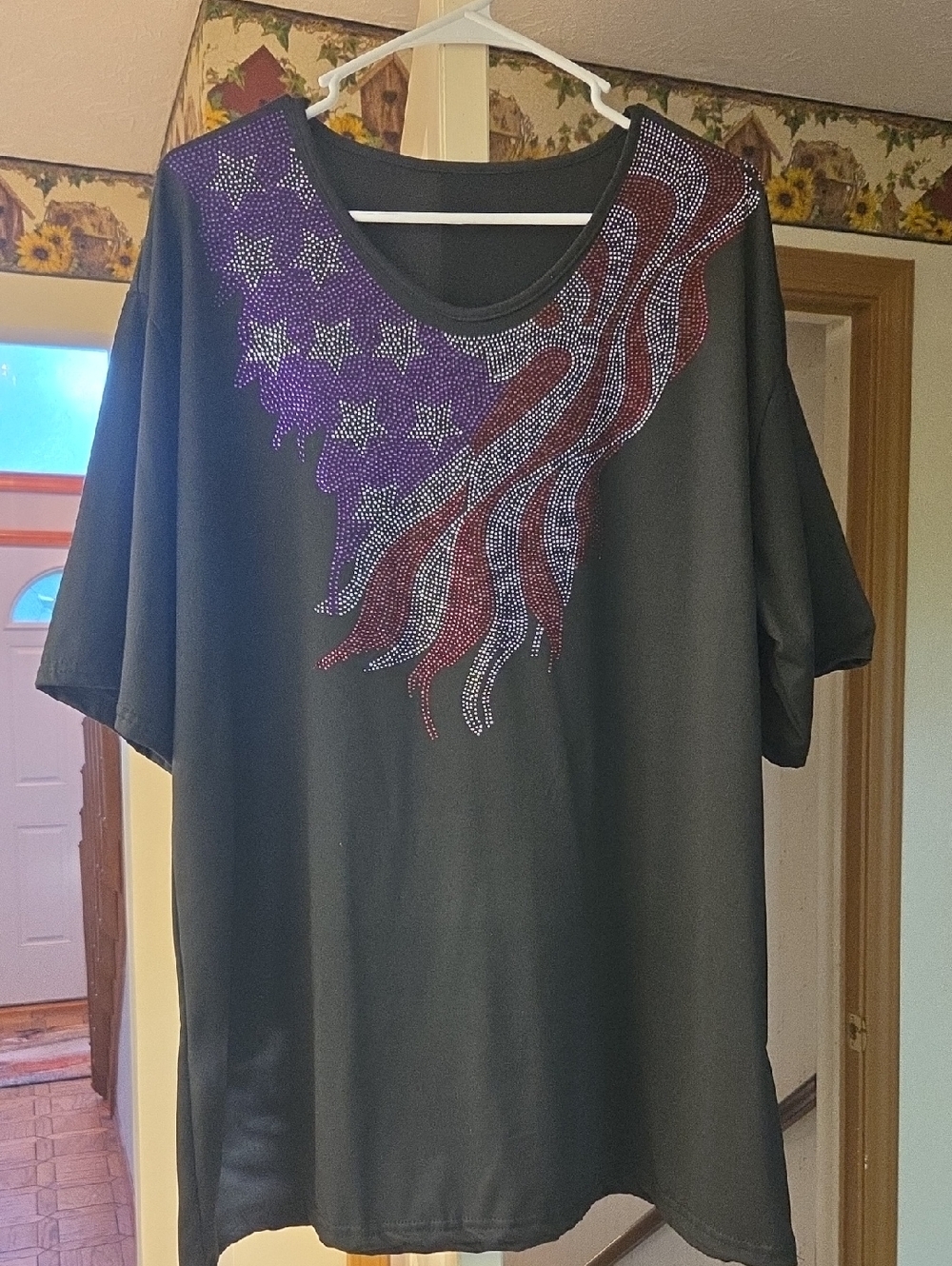 Embellished Black Women’s Tee with Purple & Red Flag Motif